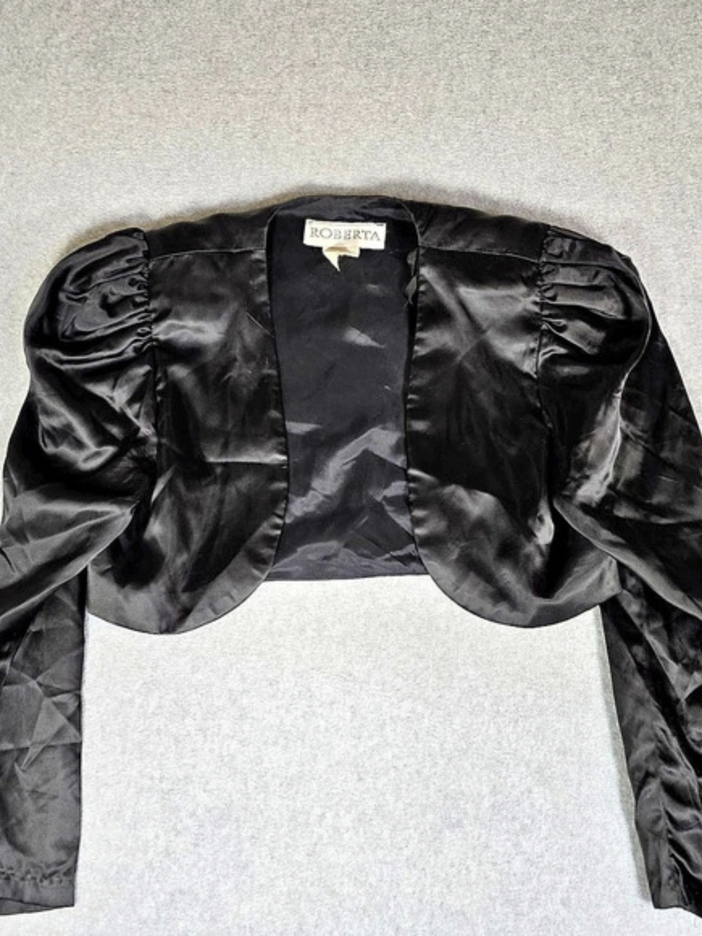 Roberta Black Satin Bolero Jacket Medium Puff Sleeve Cropped Formal Shrug